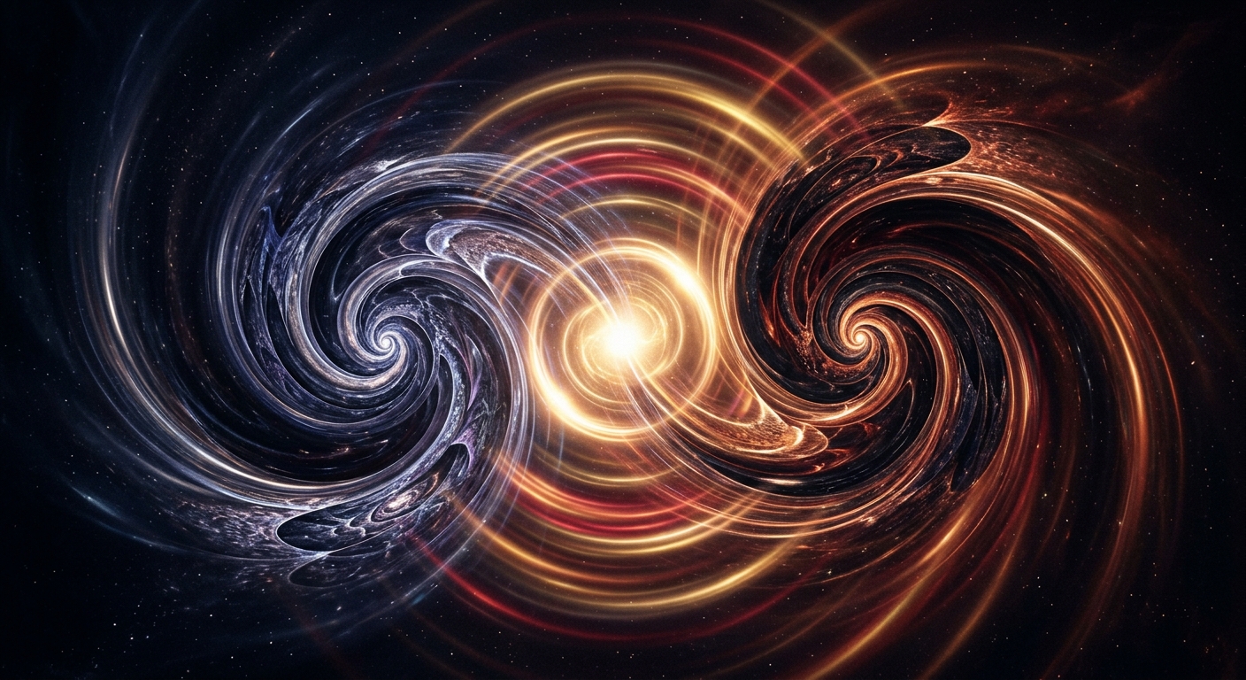 Abstract aerial vortex of indigo and crimson spirals merging — 8th house synastry intimacy and transformation