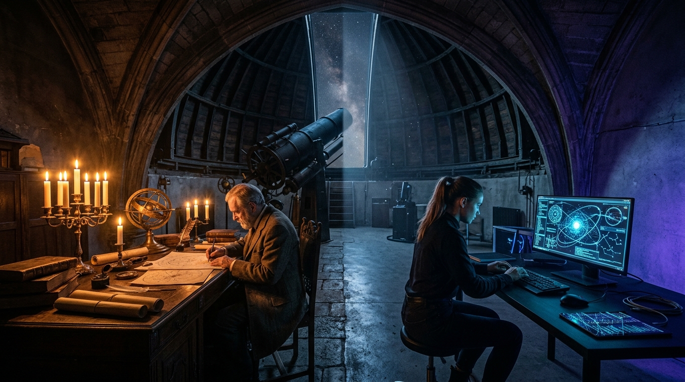 Cinematic split scene comparing AI synastry chart analysis and professional astrologer natal chart interpretation