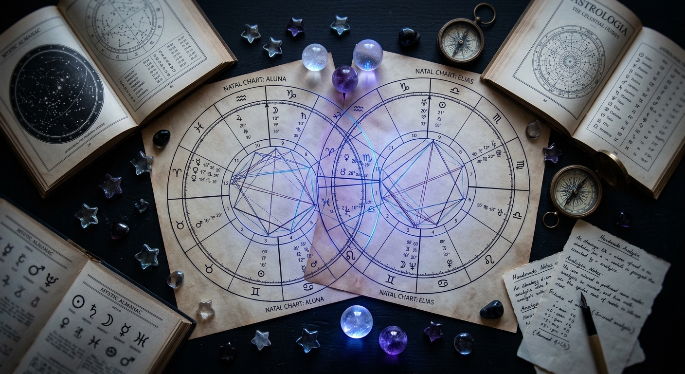 Overhead flat-lay of Davison chart wheels, astrology books, and glowing crystals on dark surface