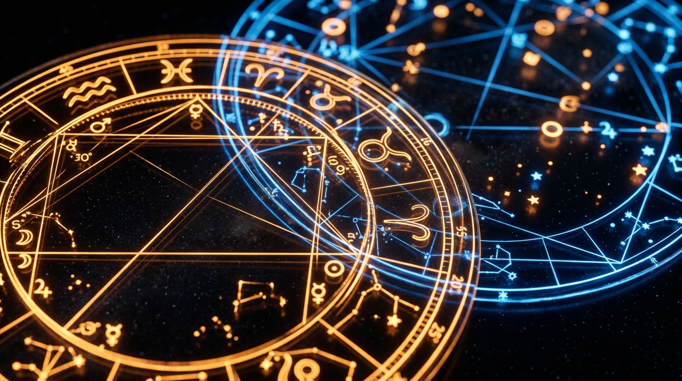 Glowing bi-wheel synastry chart with intersecting aspect lines on dark background