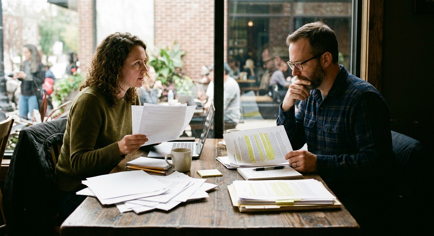 Two people comparing synastry report pages with Sun-Moon aspects and Venus contacts highlighted