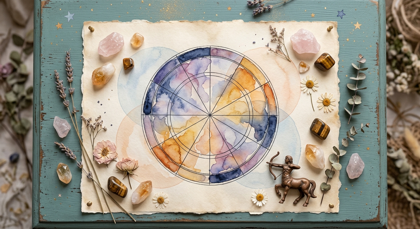 Overhead watercolor flat-lay of synastry chart with 12 astrological houses and Chiron wounded healer symbols