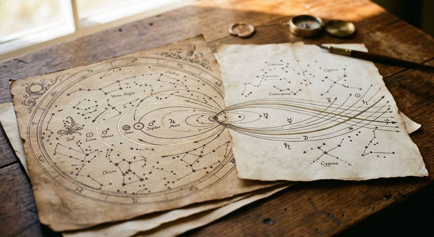 Two flowing Davison chart celestial maps merging on a warm wooden surface with soft natural light