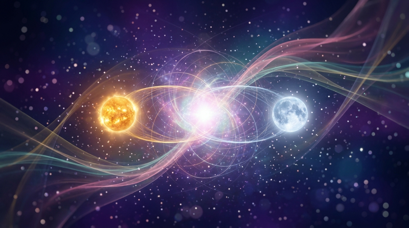 Abstract glowing Sun and Moon orbs converging around a Davison chart central point in deep indigo space