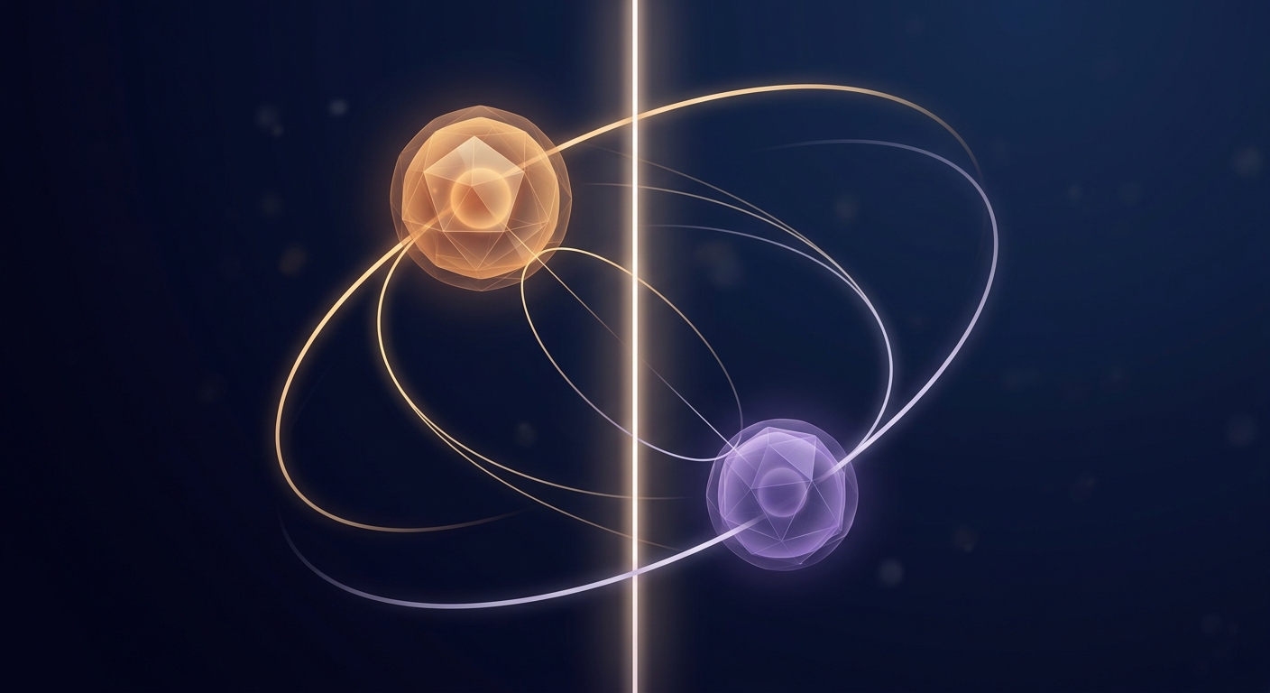 Abstract isometric render of two spheres connected by aspect lines — synastry compatibility chart concept