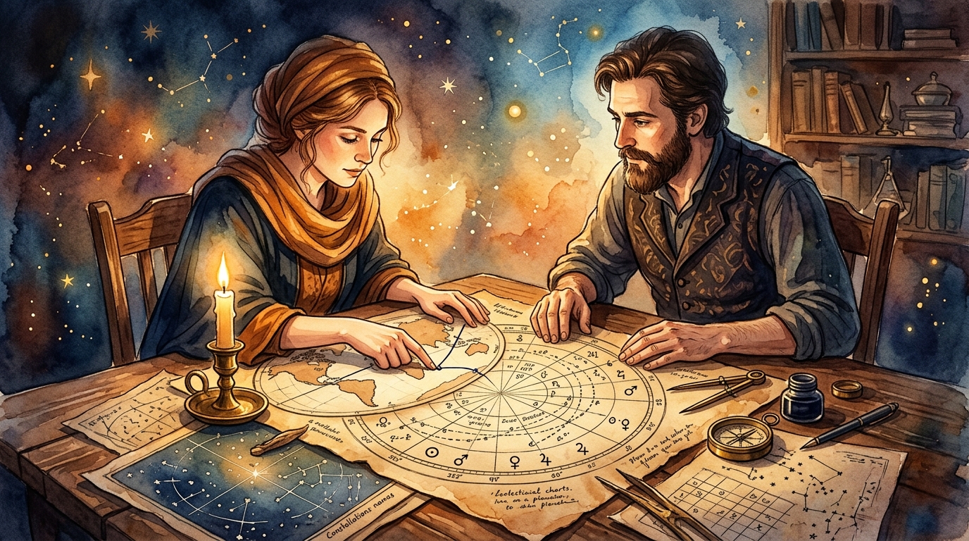 Two people calculating a Davison chart midpoint over ephemeris and maps