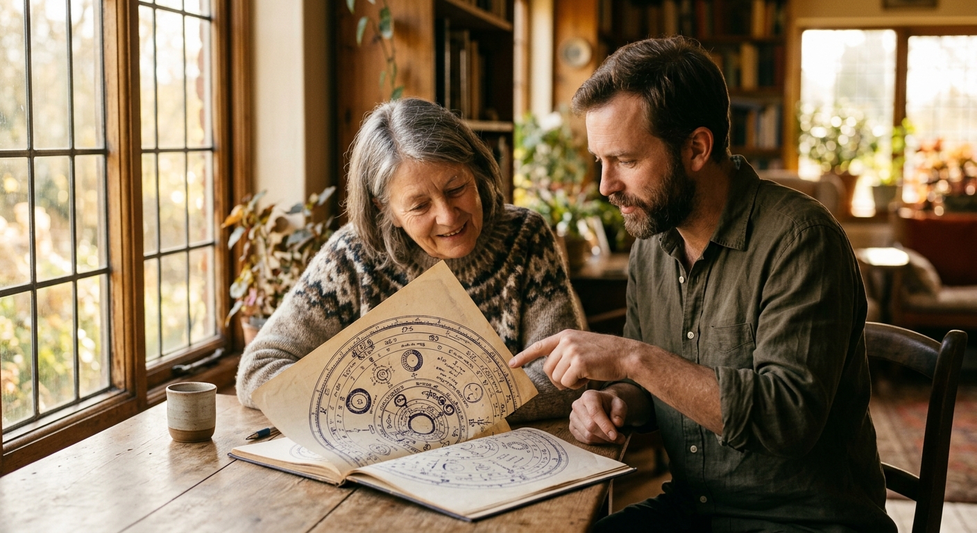 Two people studying a synastry chart with house overlays in warm natural light
