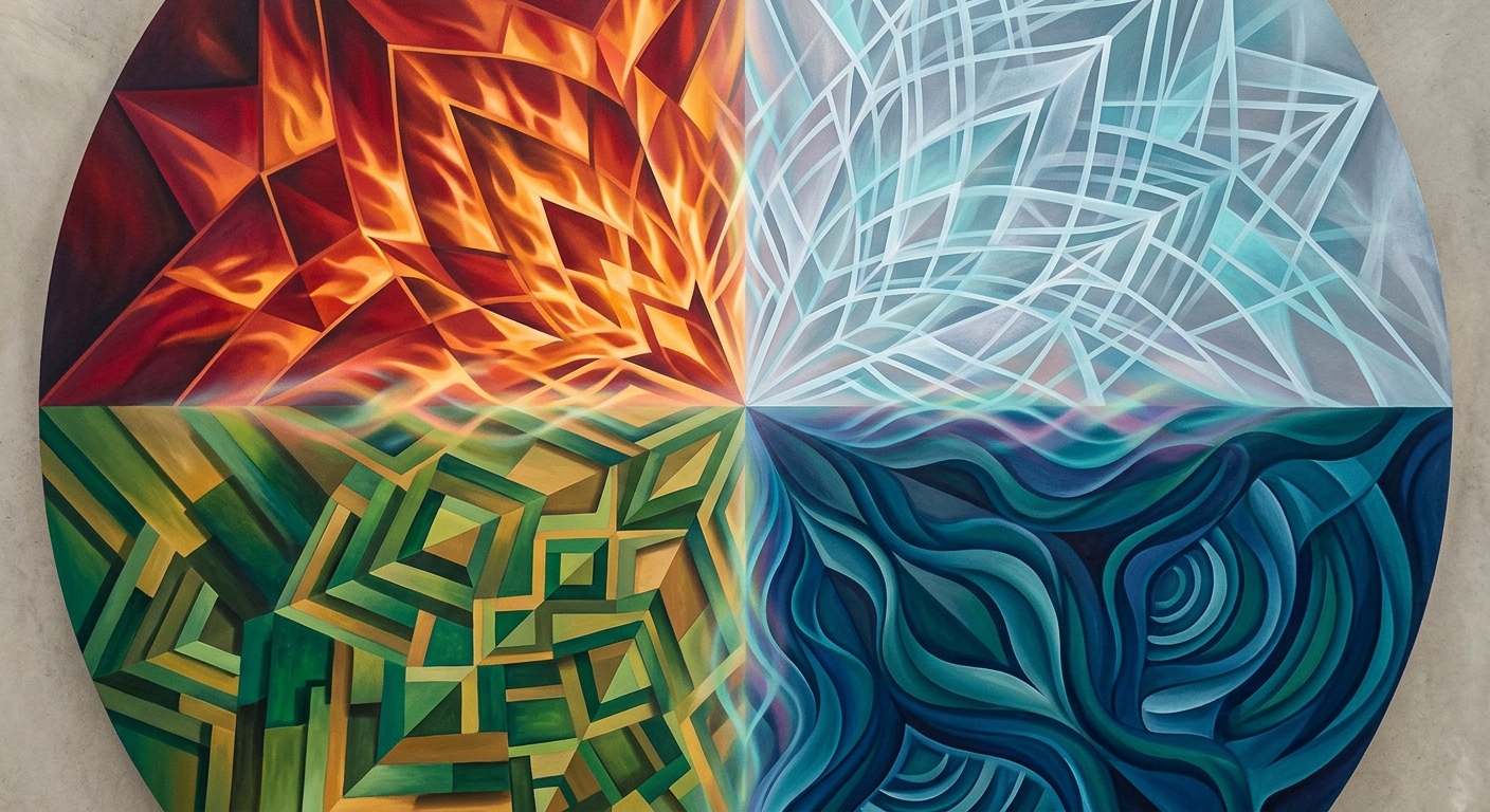 Aerial abstract mandala showing four zodiac elements fire earth air water in geometric color zones