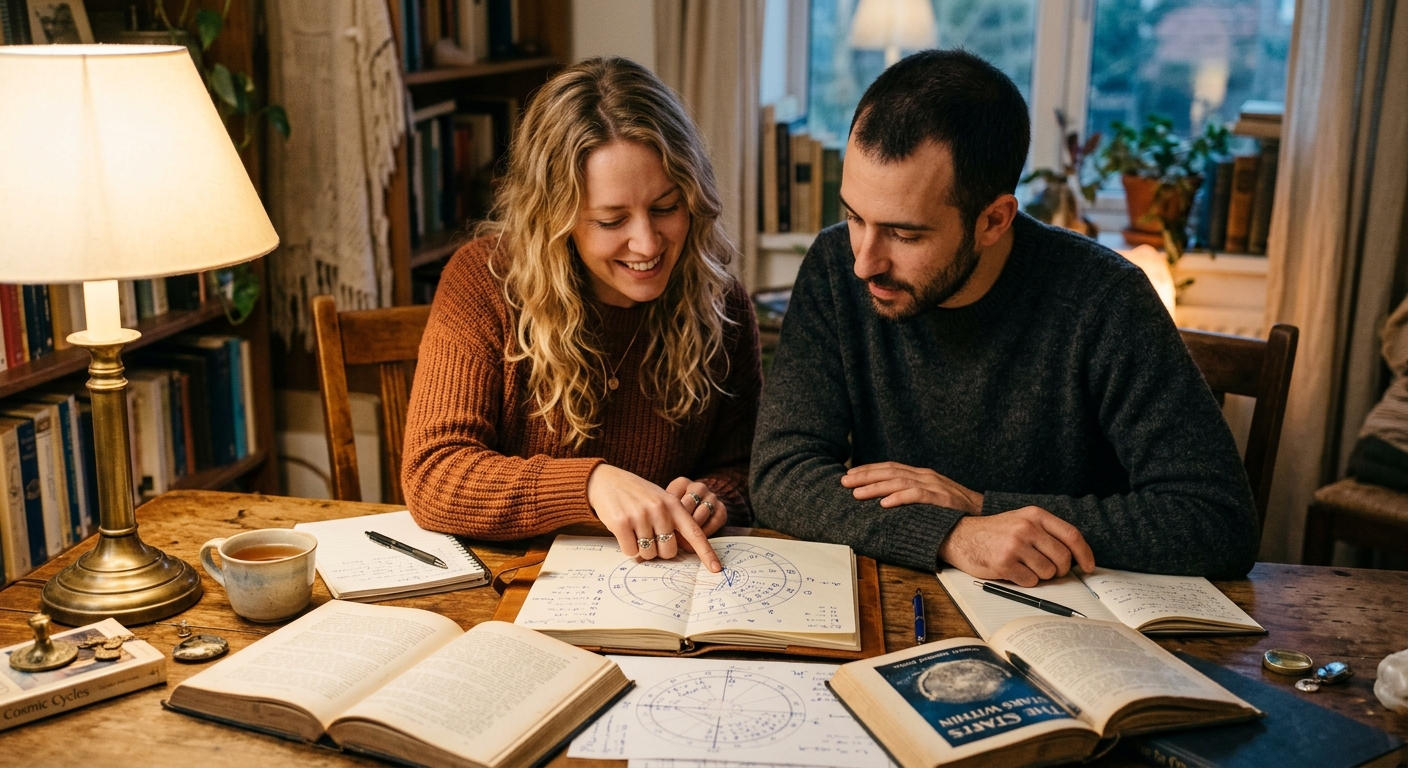 Two people comparing moon sign compatibility charts using birth date astrology tools