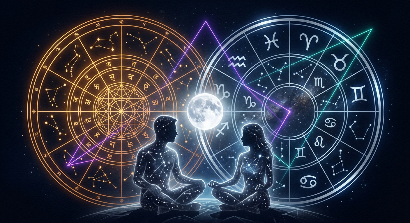 Two overlapping Vedic nakshatra and Western tropical zodiac wheels with full Moon glow