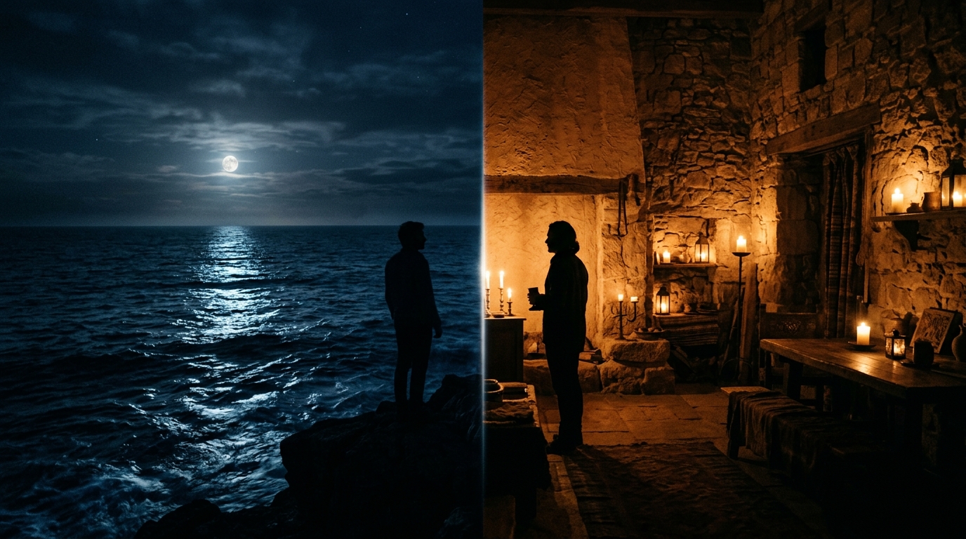 Two Moon signs merging — moonlit ocean meets warm earth in soulmate synastry duality