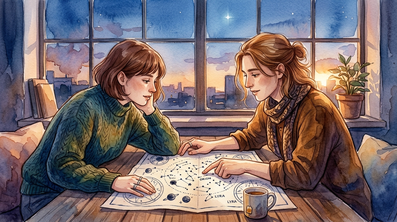 Two people studying a synastry chart together, Venus and Saturn symbols visible, warm light