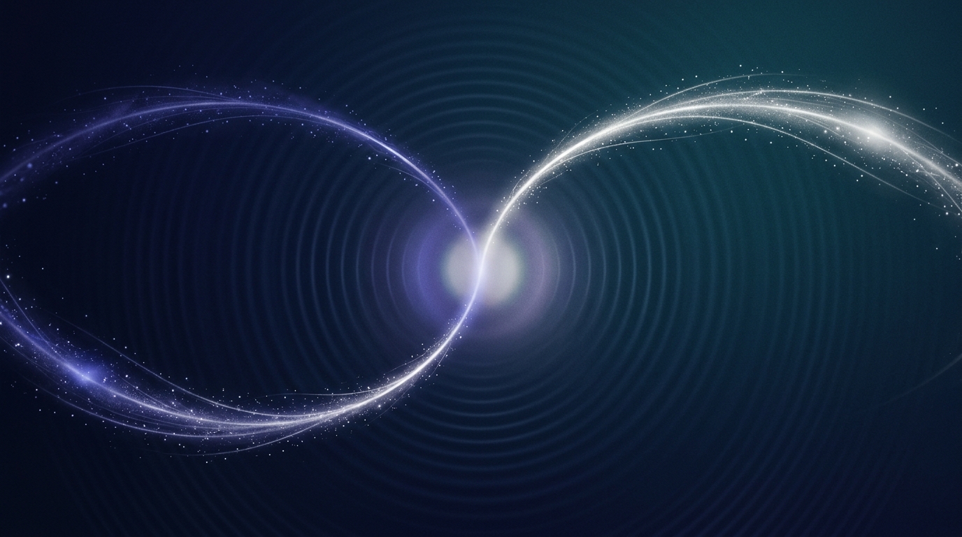 Two luminous arcs representing the North Node conjunction converging on a deep indigo background