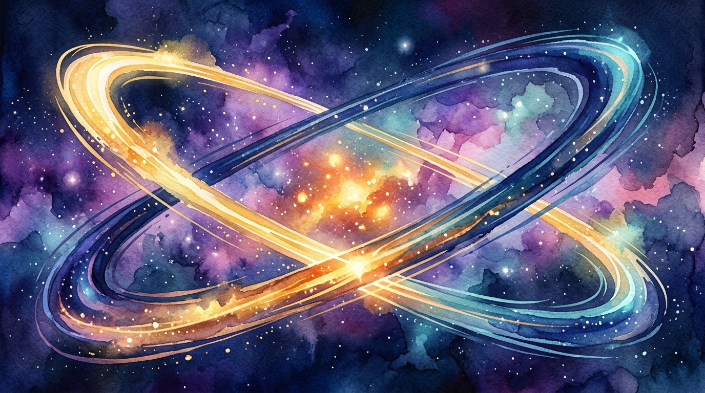 Two glowing orbital paths crossing in a synastry chart watercolor illustration showing North Node aspects