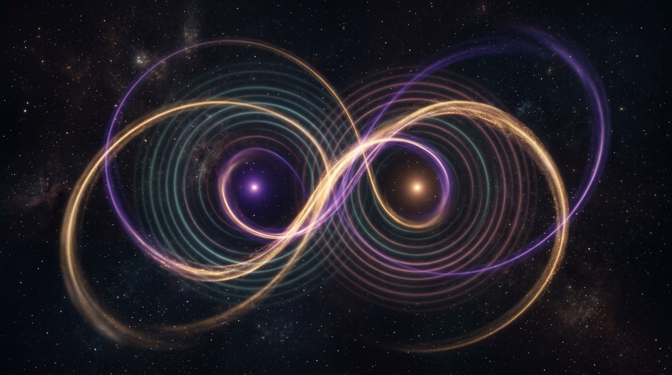 Abstract art showing two evolving orbital paths in synastry and progressed chart timing