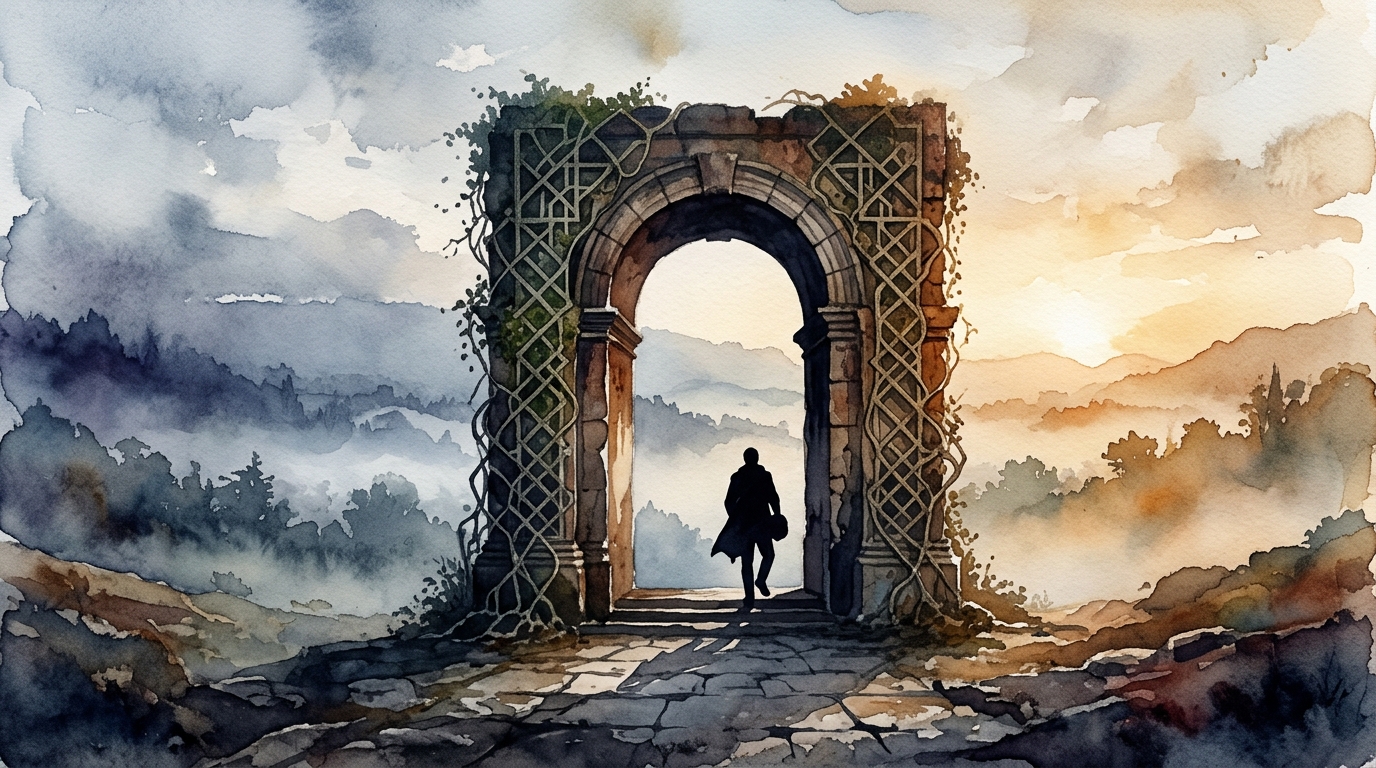 Saturn conjunct Ascendant synastry: stone archway symbolizing identity threshold and conjunction