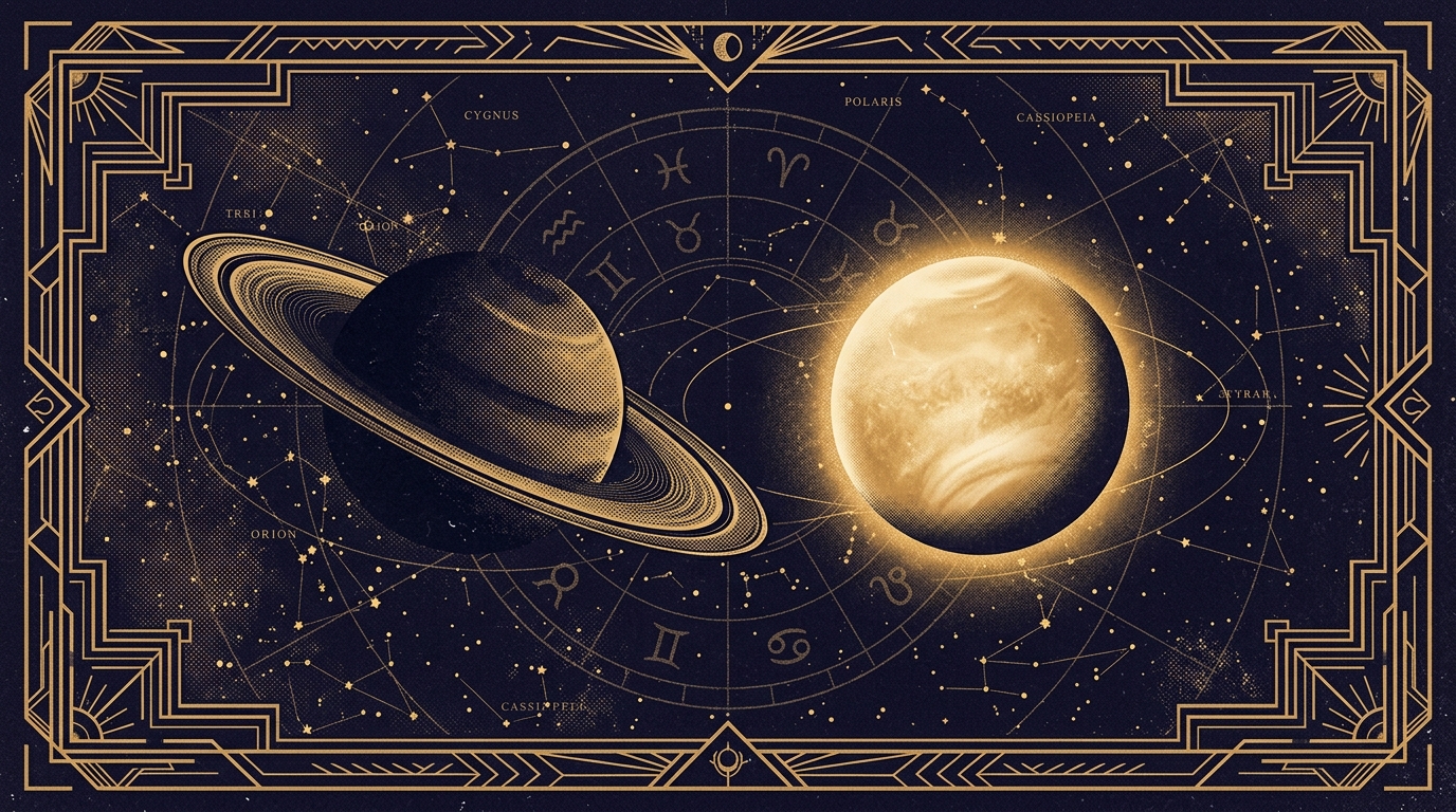 Saturn and Venus conjunction over vintage zodiac chart symbolizing synastry commitment