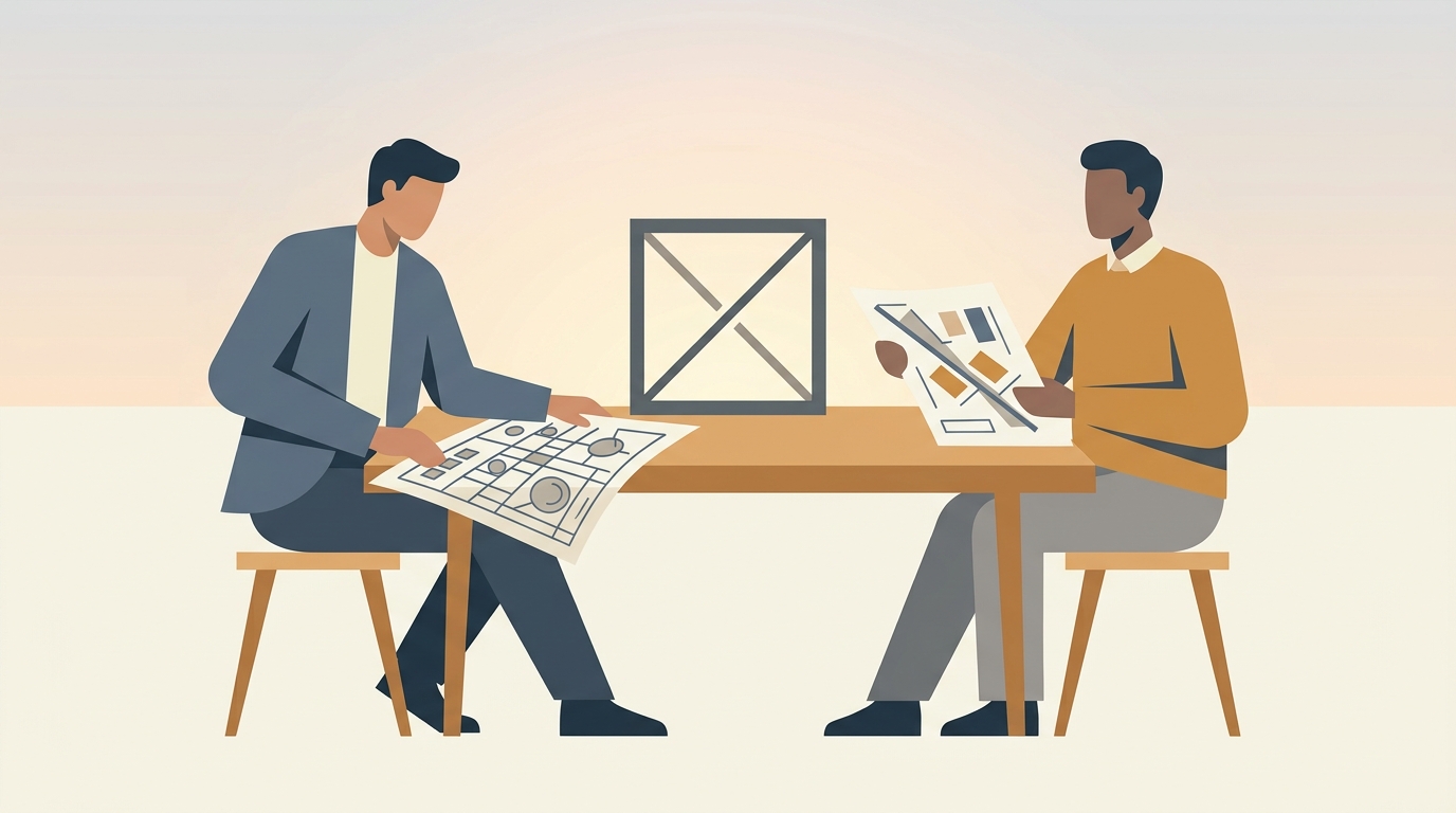 Two people comparing different structural plans in synastry Saturn square illustration