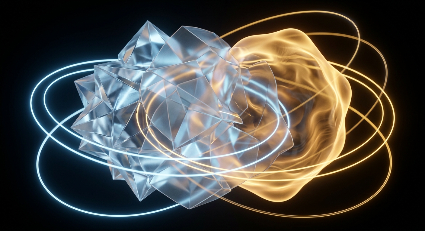 Abstract synastry art showing Saturn conjunction and trine aspects as merging geometric forms