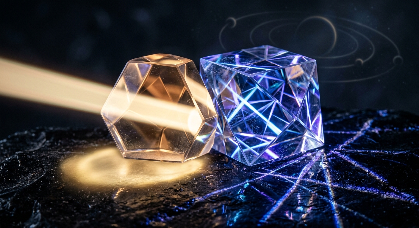 Saturn trine vs square synastry shown as two crystal prisms refracting light differently