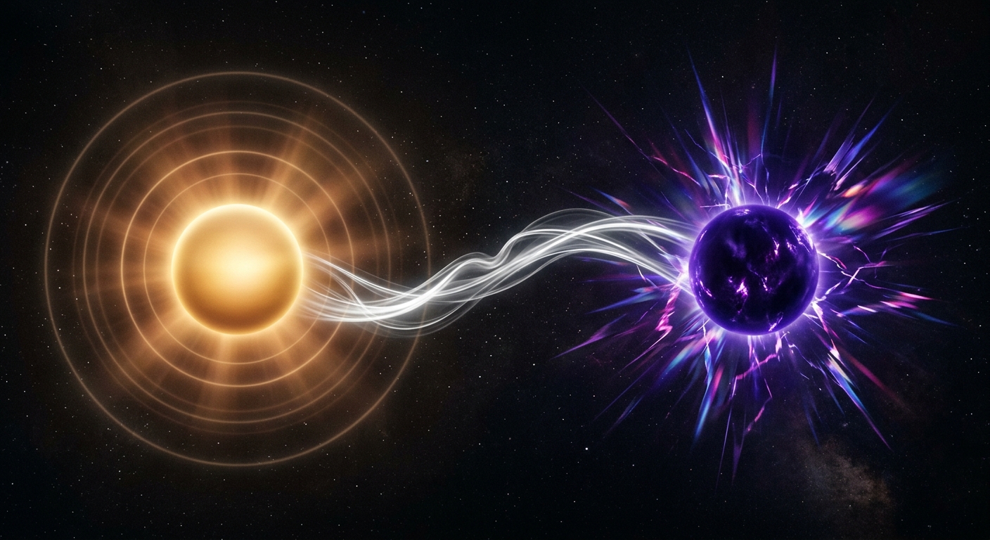 Abstract twin orbs of light representing soulmate Venus warmth and twin flame Pluto intensity in karmic synastry