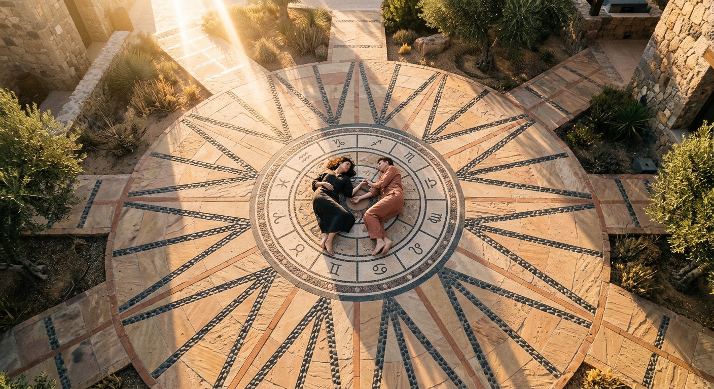 Aerial view of two people in a geometric pattern symbolizing Sun synastry house overlays and romantic compatibility