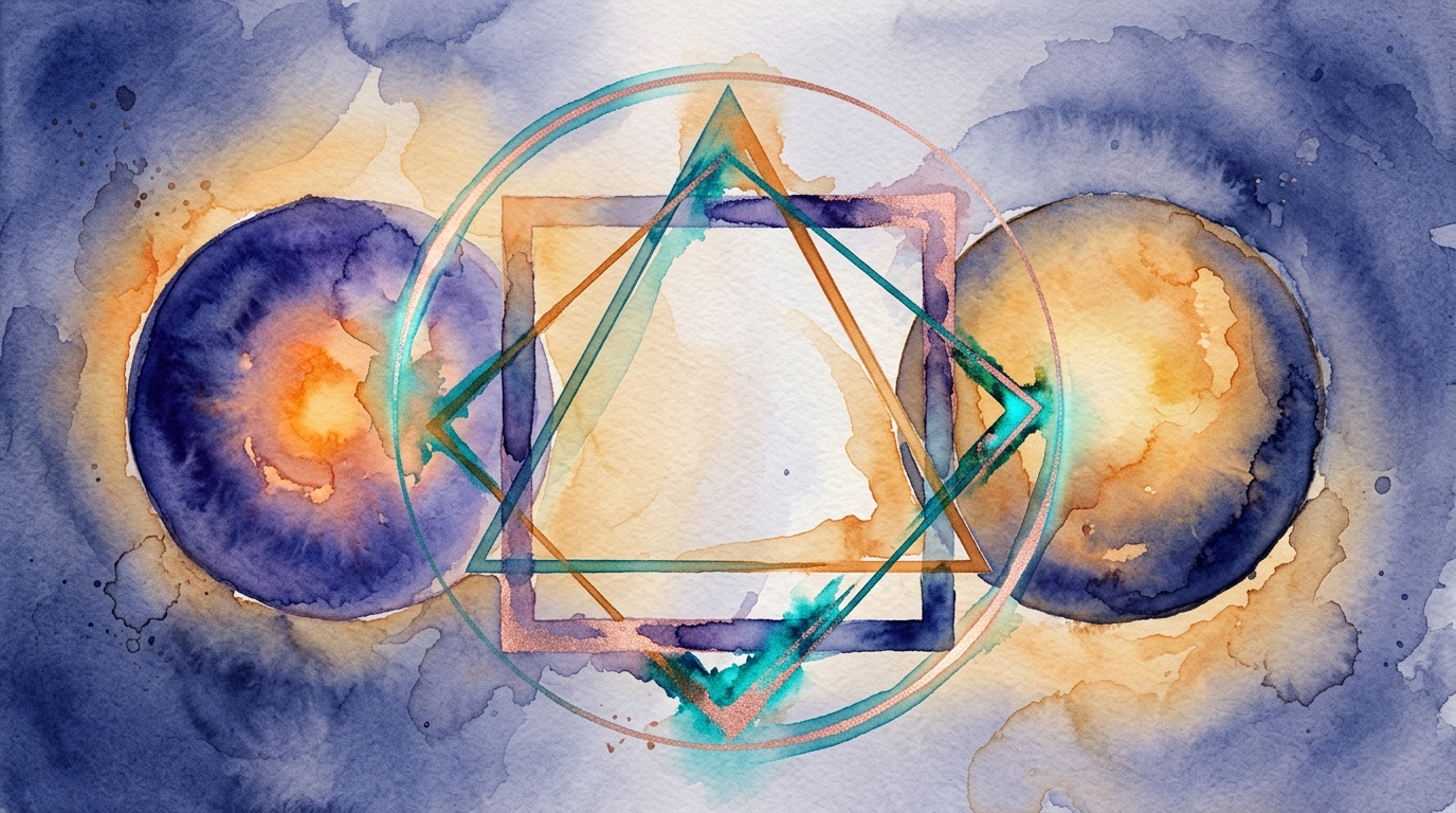 Watercolor geometric angles representing synastry trine square conjunction between two orbiting energies