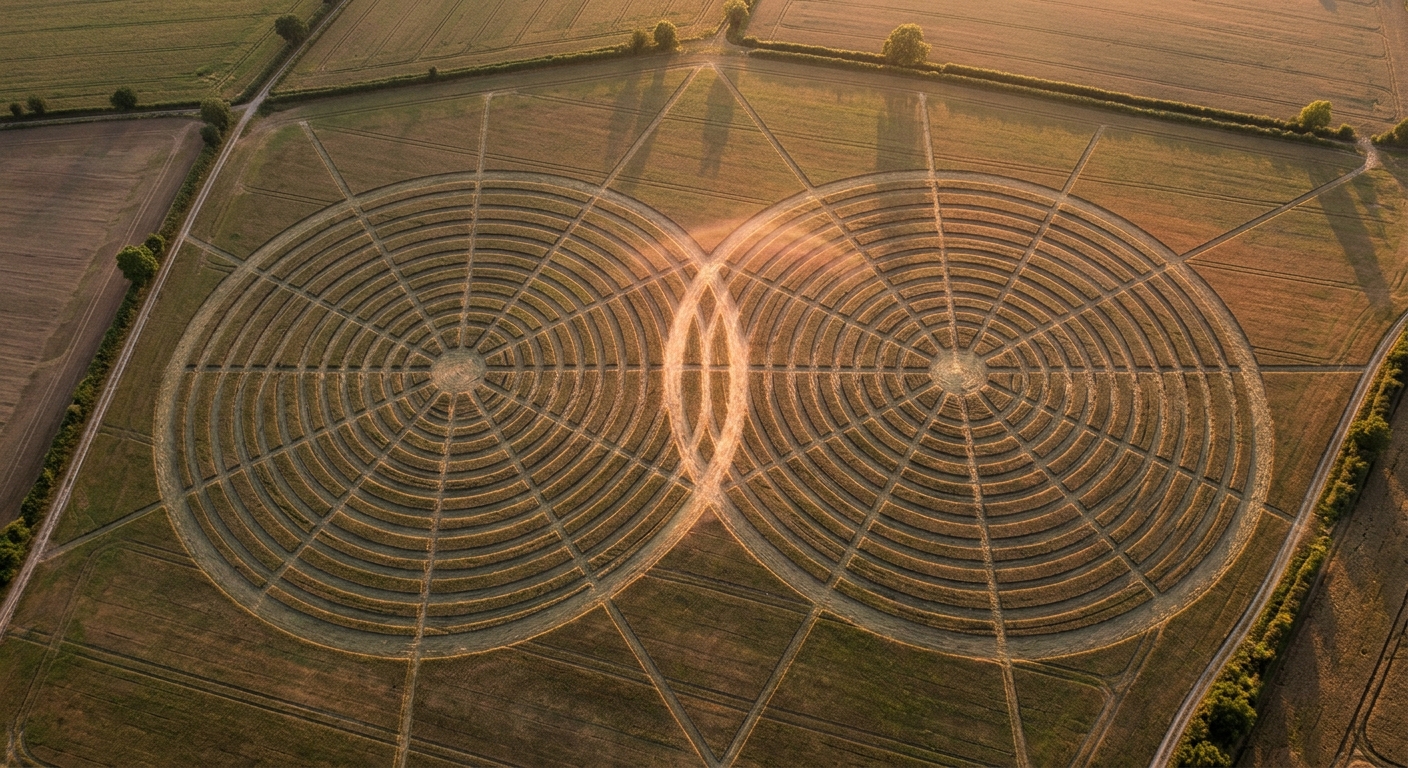 Aerial view of two overlapping circular synastry chart patterns with geometric lines
