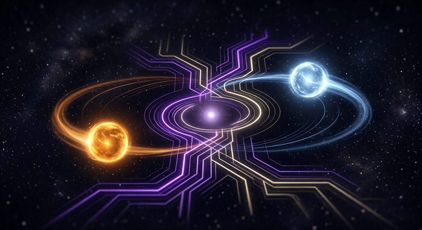 Abstract glowing orbs representing synastry chart luminaries and aspects in sequence
