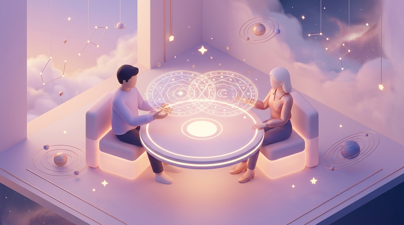 Two people comparing twin flame synastry charts with Vertex and South Node overlays