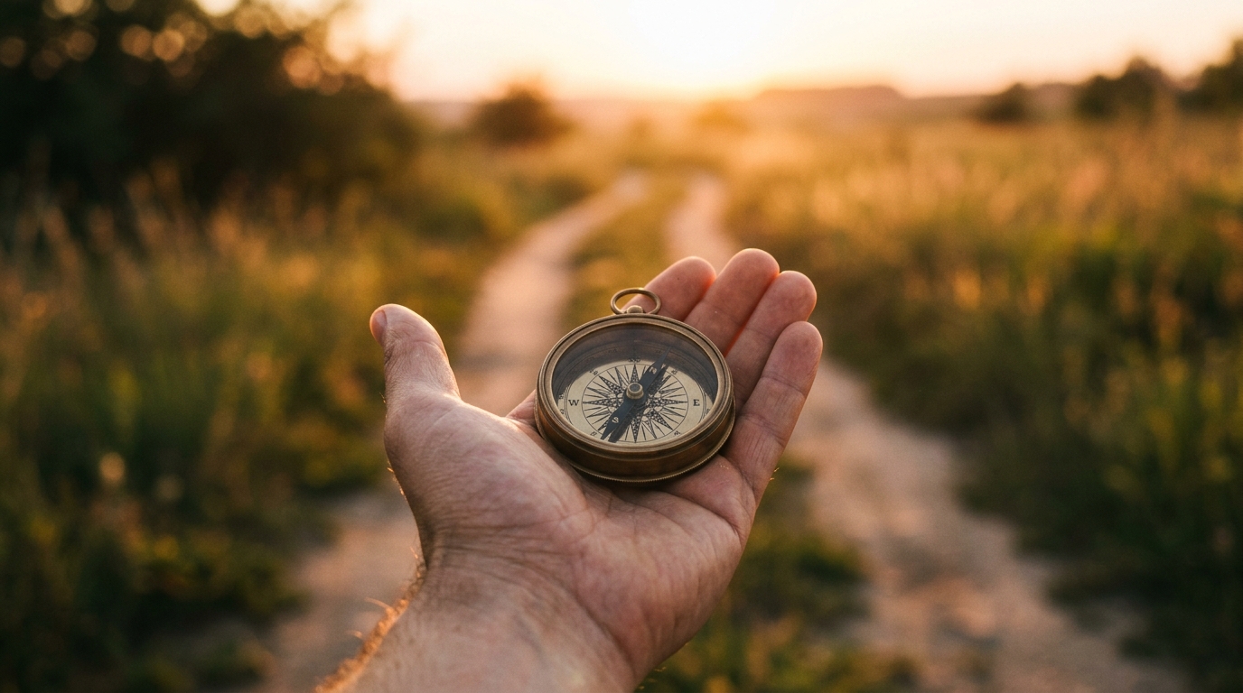 A compass pointing toward golden light — symbolizing Venus conjunct North Node karmic love direction in synastry
